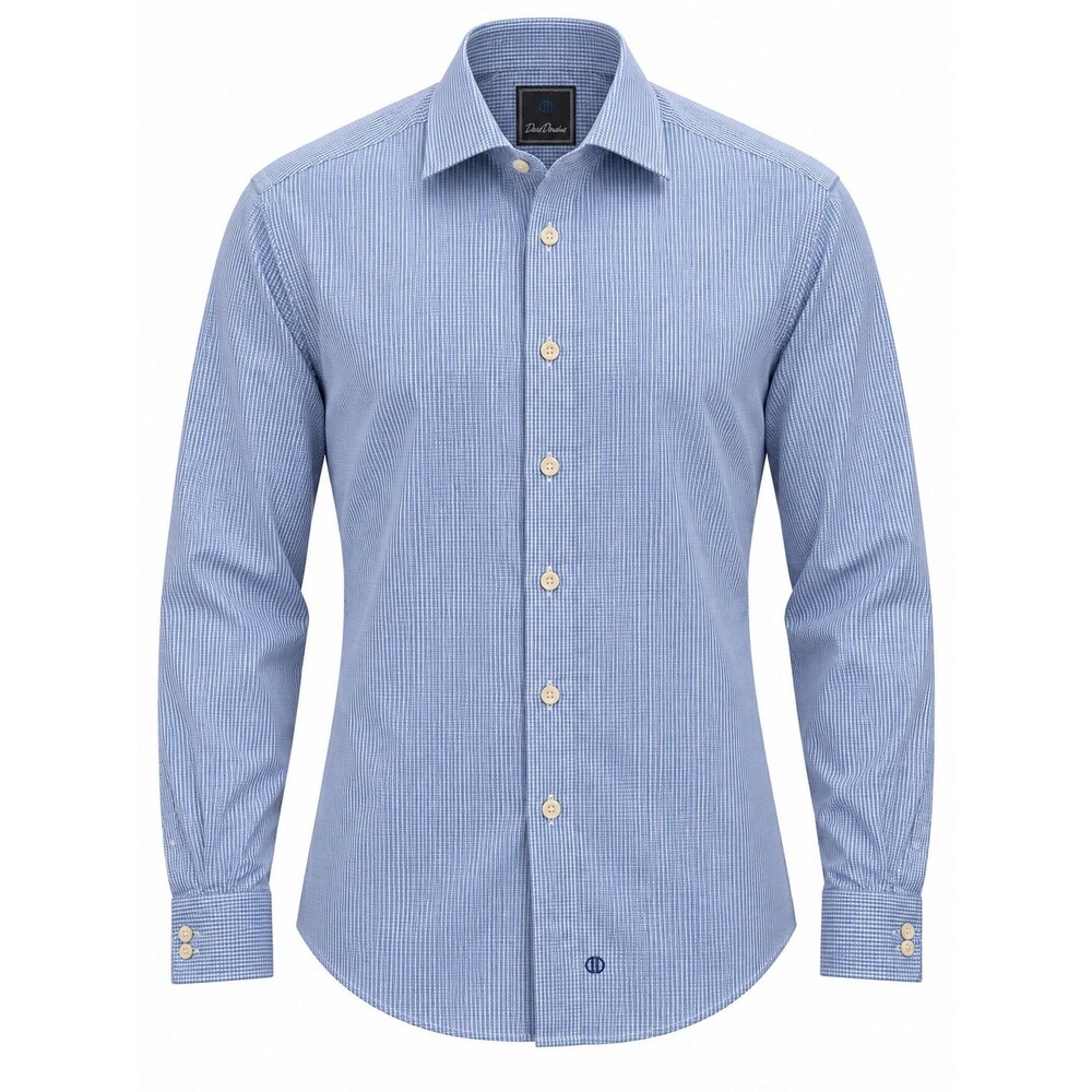 David Donahue Dress Shirt Trim Fit Plaid Check Men's 16.5 34/35 Blue 100% Cotton